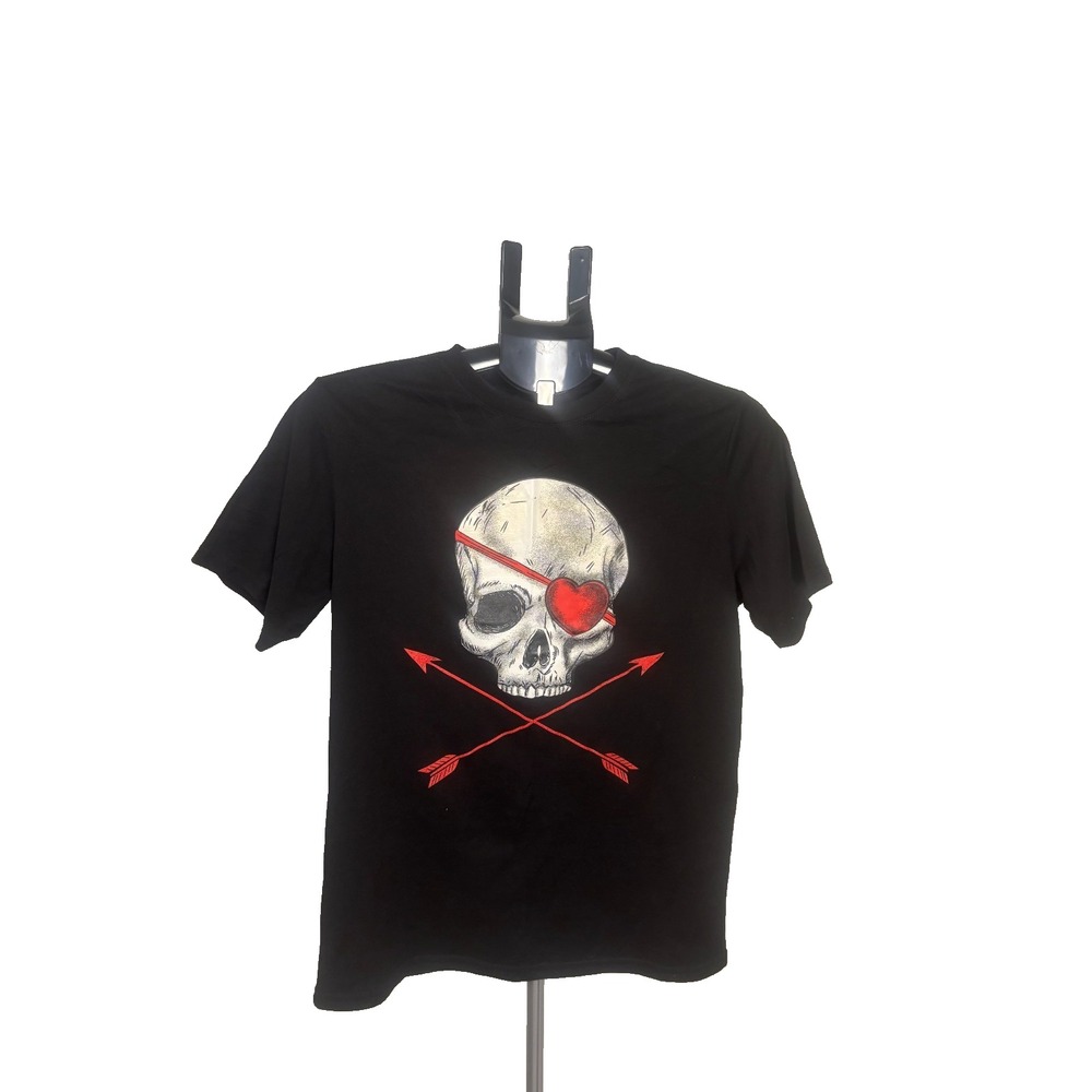 Wonder Nation Black Skull Graphic Tee Youth XL Heart Eye Patch Gothic Emo Cotton